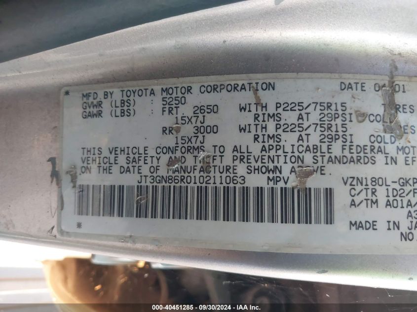 JT3GN86R010211063 2001 Toyota 4Runner Sr5