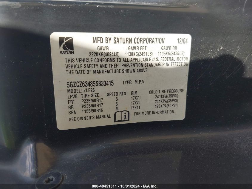 5GZCZ63485S833415 2005 Saturn Vue V6