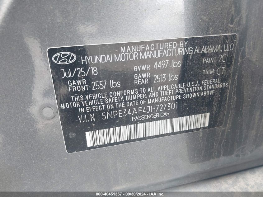 5NPE34AF4JH727301 2018 Hyundai Sonata Sport+