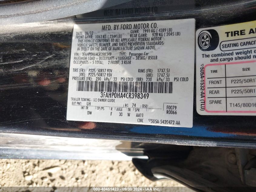 2012 Ford Fusion Se VIN: 3FAHP0HA4CR398349 Lot: 40451423