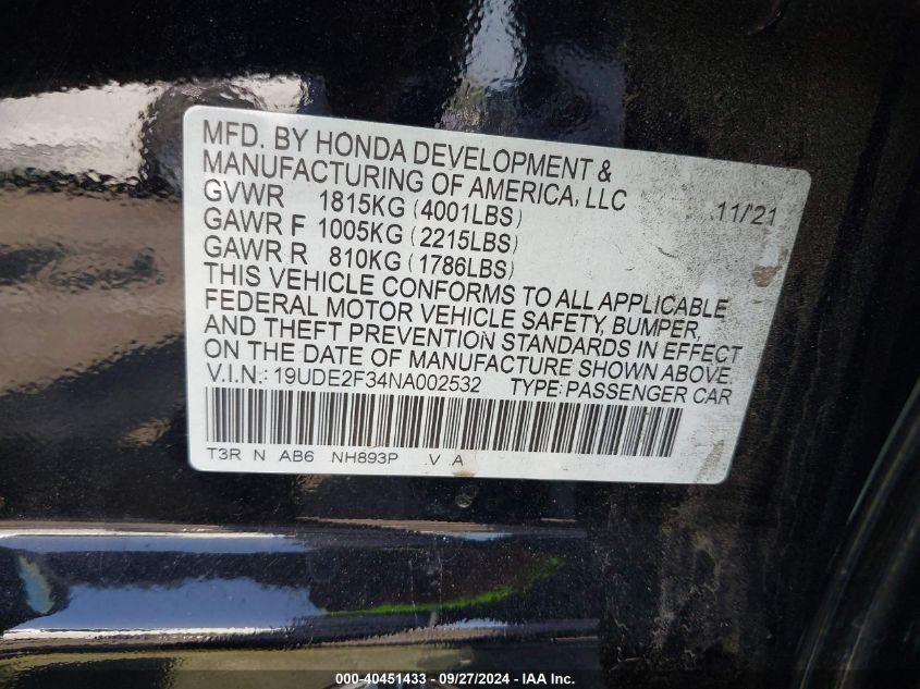 19UDE2F34NA002532 2022 Acura Ilx Standard