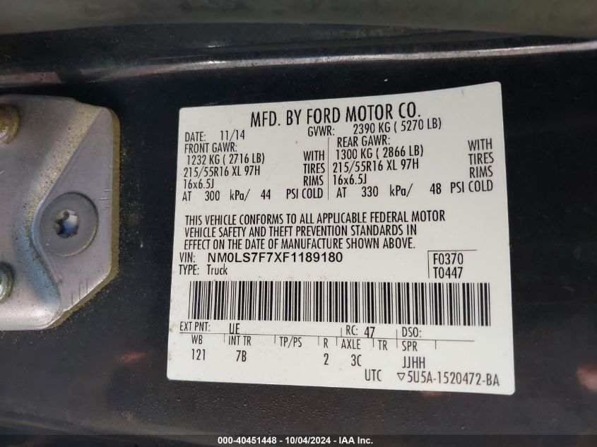 NM0LS7F7XF1189180 2015 Ford Transit Connect Xlt