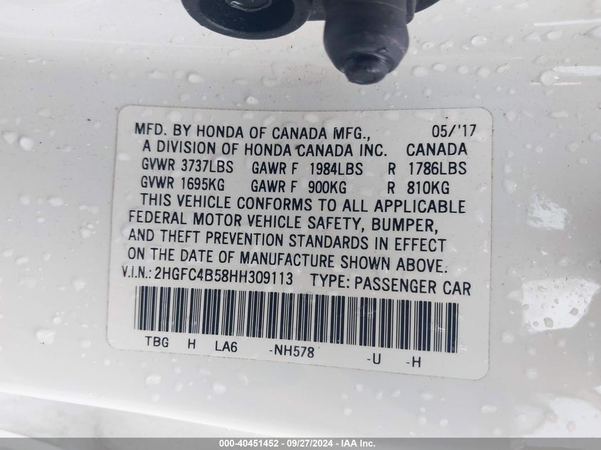 VIN 2HGFC4B58HH309113 2017 HONDA CIVIC LX