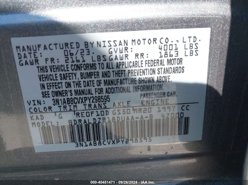 2023 Nissan Sentra Sv Xtronic Cvt VIN: 3N1AB8CVXPY298595 Lot: 40451471