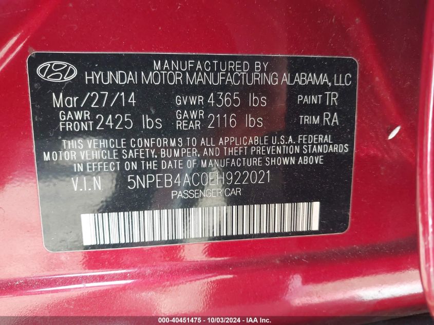 5NPEB4AC0EH922021 2014 Hyundai Sonata Gls