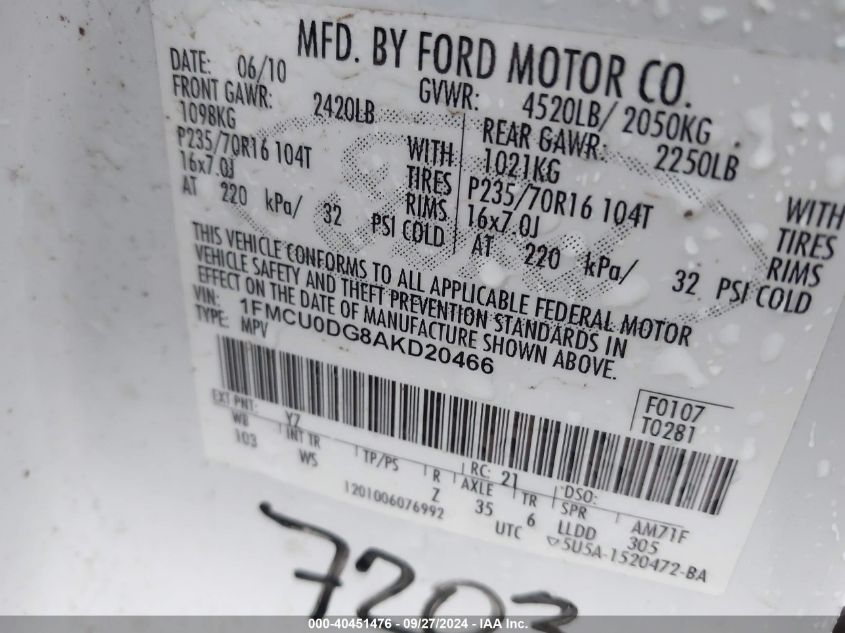 1FMCU0DG8AKD20466 2010 Ford Escape Xlt