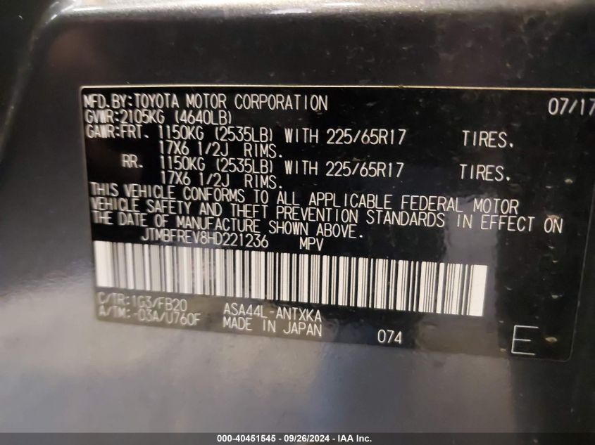 JTMBFREV8HD221236 2017 Toyota Rav4 Le