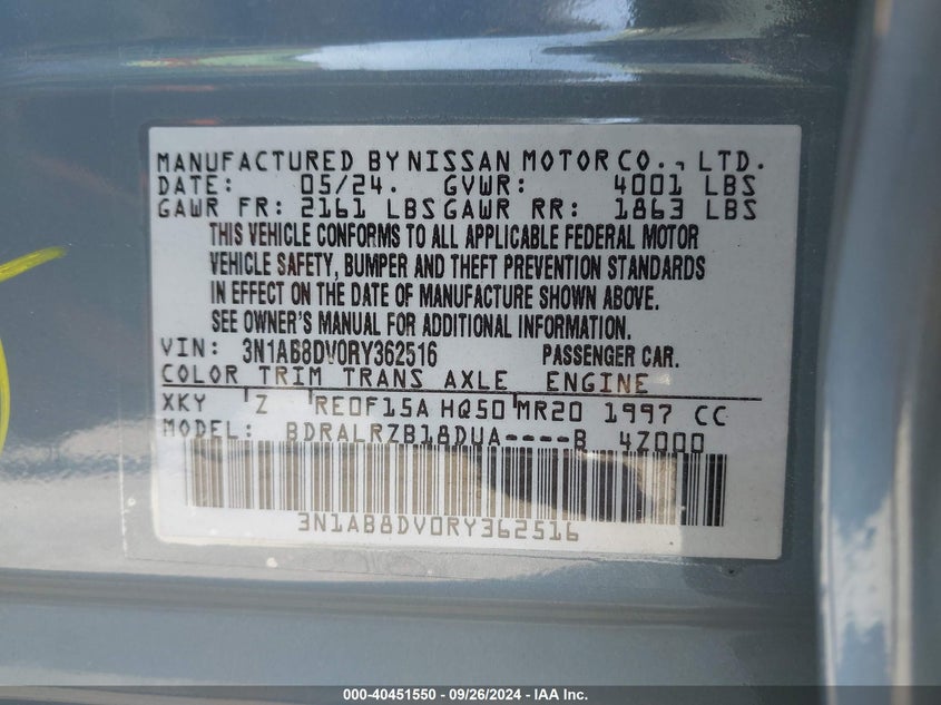VIN 3N1AB8DV0RY362516 2024 NISSAN SENTRA SR