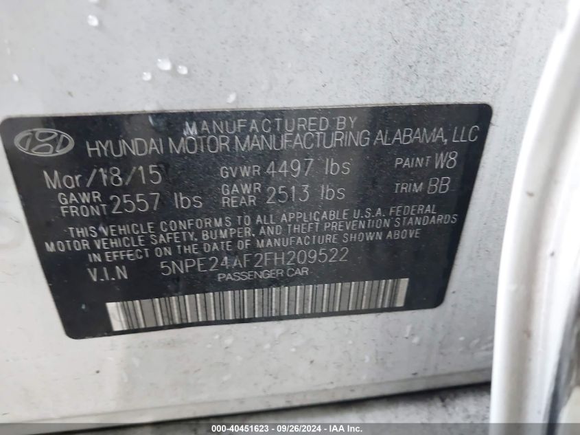 5NPE24AF2FH209522 2015 Hyundai Sonata Se