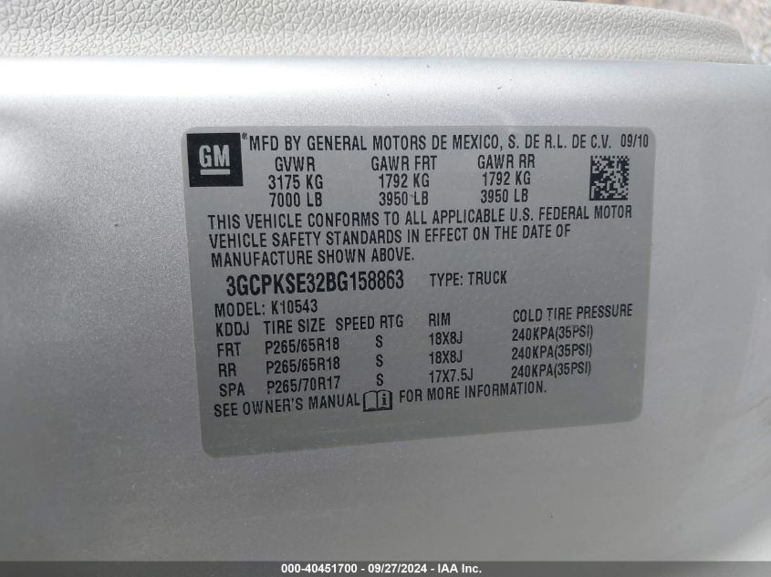 3GCPKSE32BG158863 2011 Chevrolet Silverado K1500 Lt