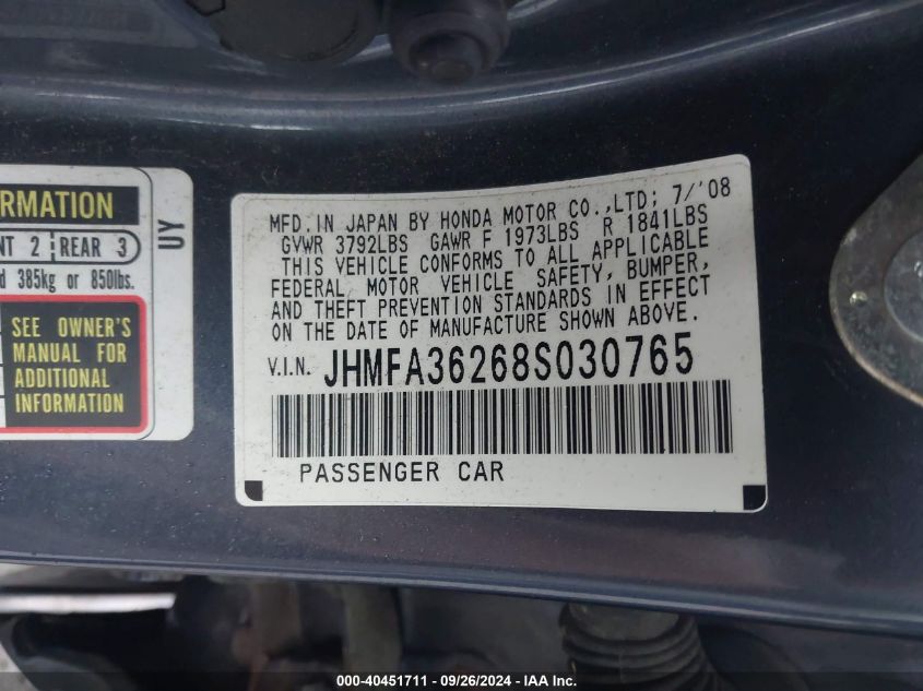 JHMFA36268S030765 2008 Honda Civic Hybrid