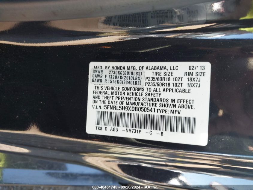 2013 Honda Odyssey Touring/Touring Elite VIN: 5FNRL5H9XDB050541 Lot: 40451745