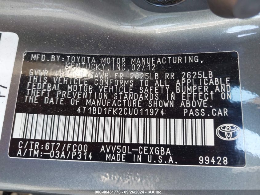 4T1BD1FK2CU011974 2012 Toyota Camry Hybrid Xle