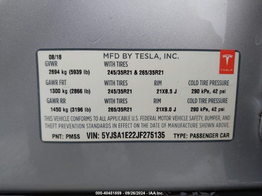 5YJSA1E22JF275135 2018 Tesla Model S 100D/75D/P100D