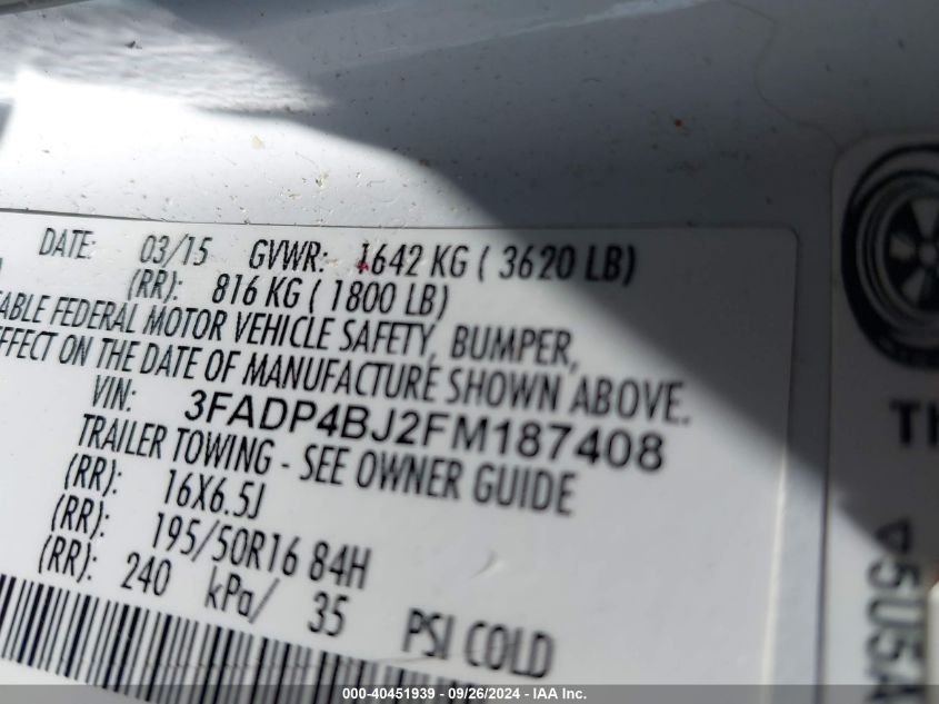 3FADP4BJ2FM187408 2015 Ford Fiesta Se