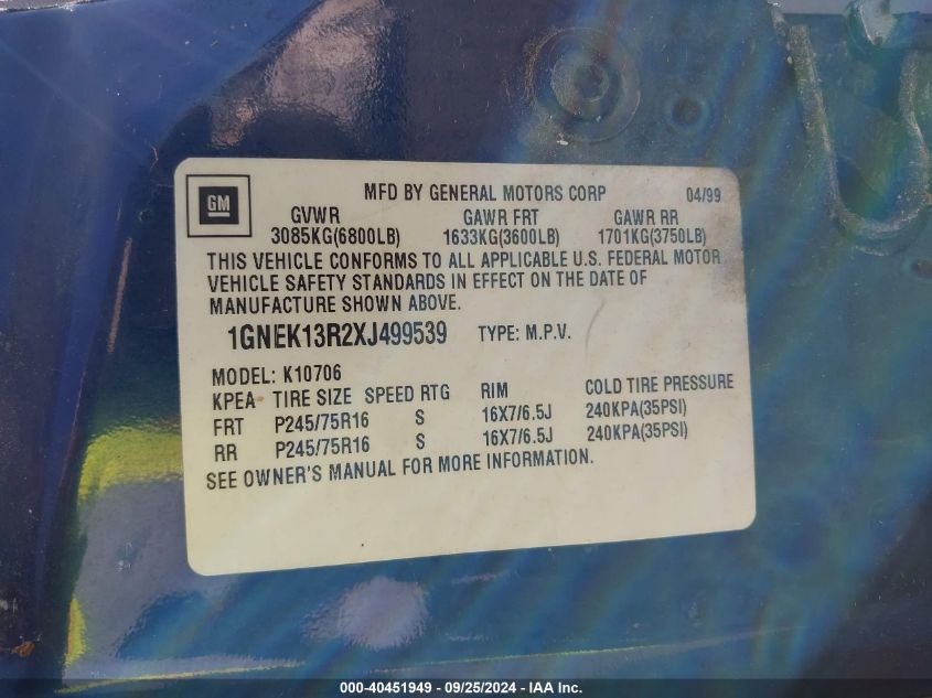 1999 Chevrolet Tahoe Ls VIN: 1GNEK13R2XJ499539 Lot: 40451949