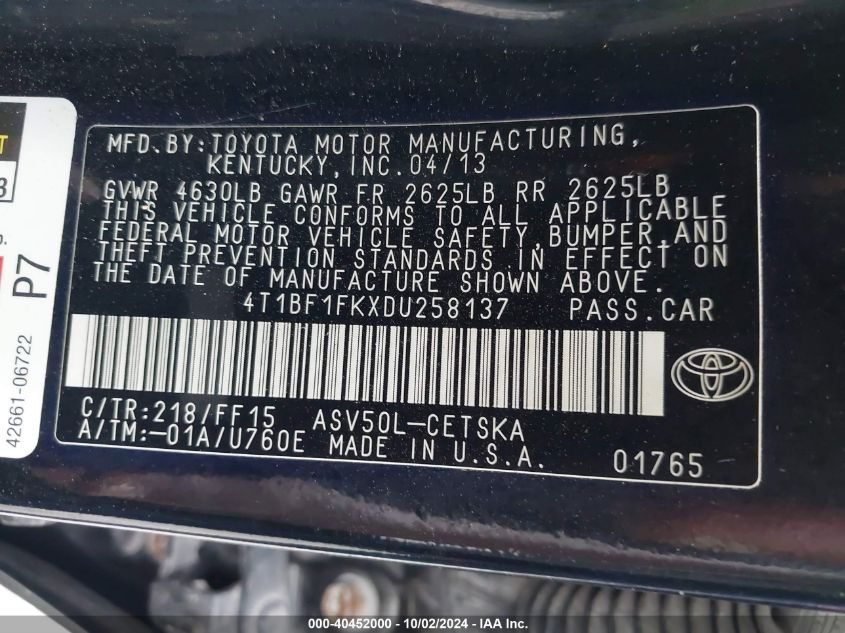 4T1BF1FKXDU258137 2013 Toyota Camry Se