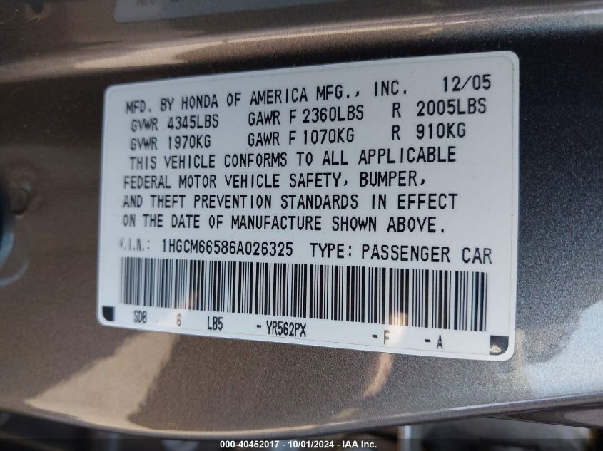 1HGCM66586A026325 2006 Honda Accord Ex