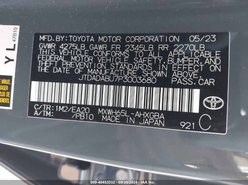 2023 Toyota Prius Xle Awd-E VIN: JTDADABU7P3003680 Lot: 40452032