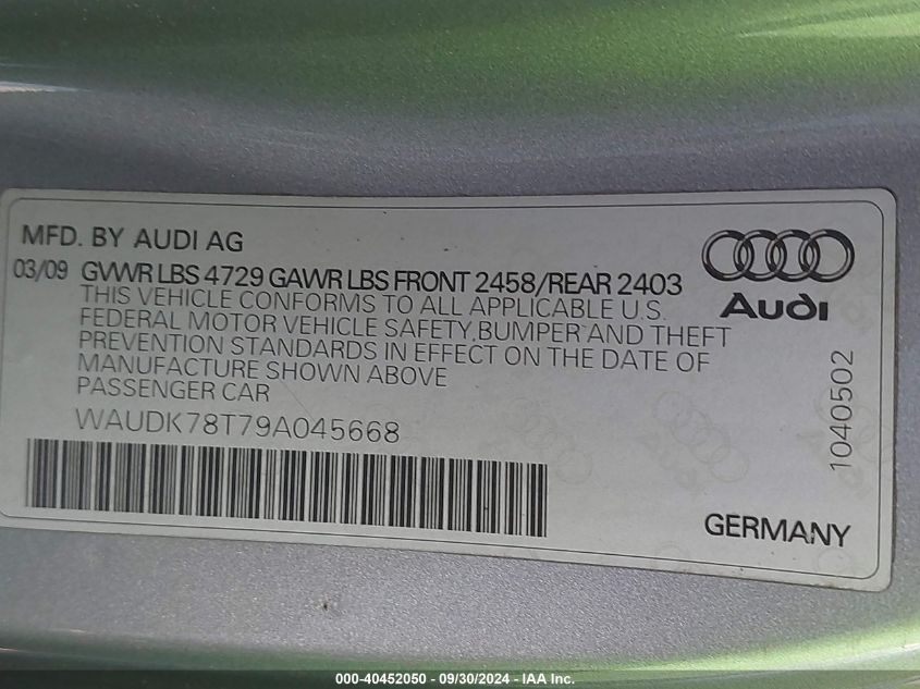 2009 Audi A5 3.2L VIN: WAUDK78T79A045668 Lot: 40452050