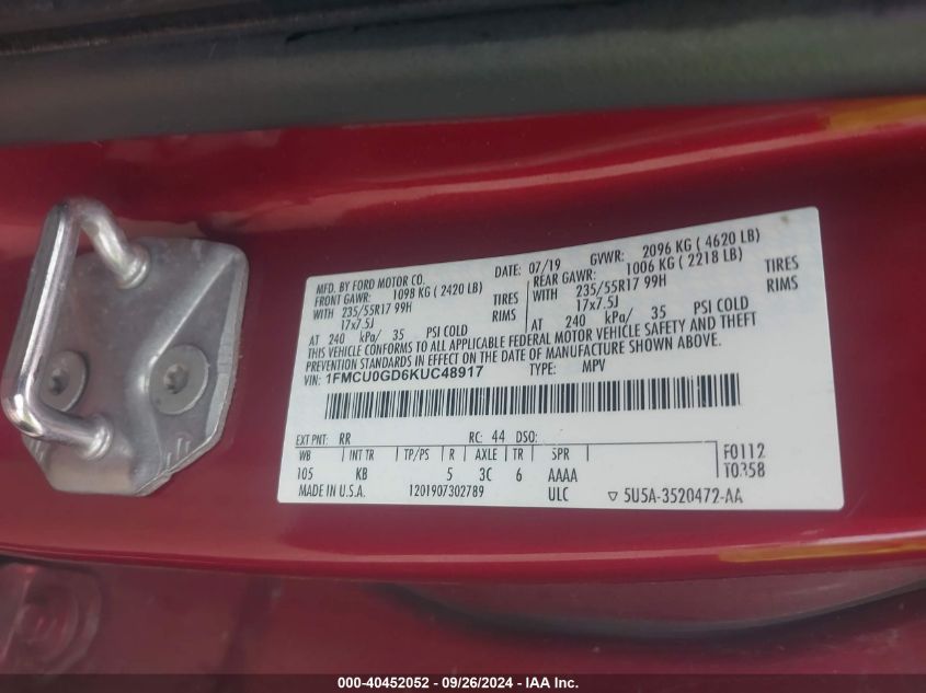 1FMCU0GD6KUC48917 2019 Ford Escape Se