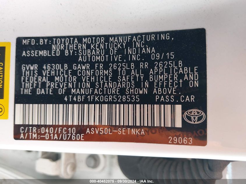 4T4BF1FK0GR528535 2016 Toyota Camry Le