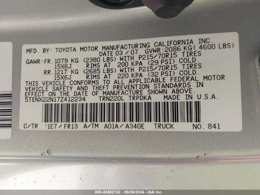 2007 Toyota Tacoma VIN: 5TENX22N17Z412234 Lot: 40452152