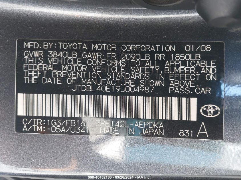 2009 Toyota Corolla Le VIN: JTDBL40E19J004987 Lot: 40452160