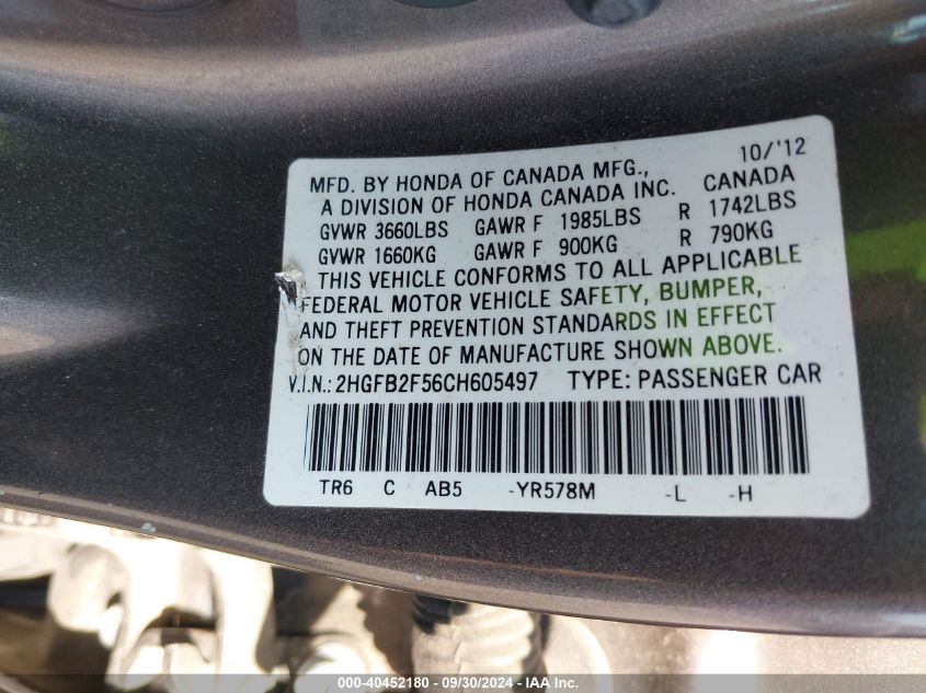 2HGFB2F56CH605497 2012 Honda Civic Lx