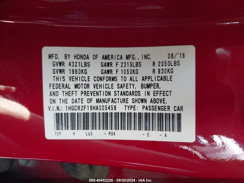 VIN 1HGCR2F19HA005459 2017 HONDA ACCORD SPORT SPECIAL EDITION