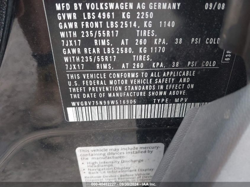 WVGBV75N99W516905 2009 Volkswagen Tiguan Se/Sel