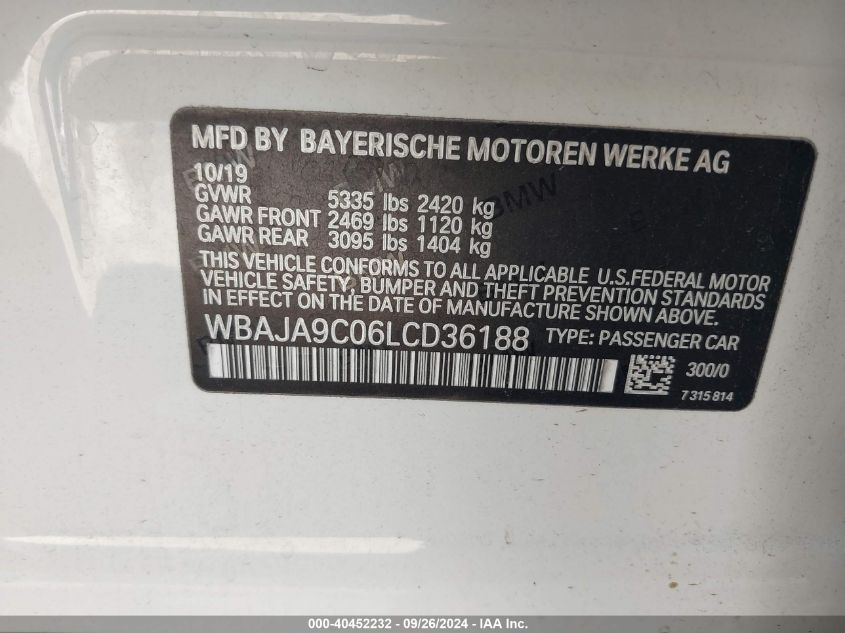 WBAJA9C06LCD36188 2020 BMW 530E Iperformance