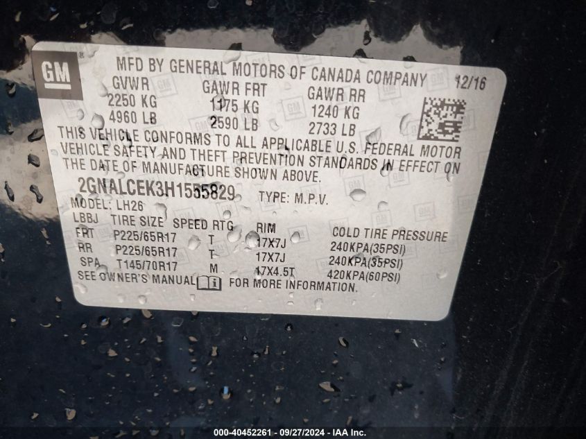 VIN 2GNALCEK3H1555829 2017 CHEVROLET EQUINOX LT