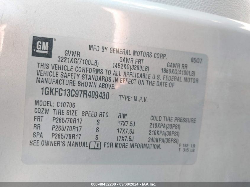 2007 GMC Yukon Commercial Fleet VIN: 1GKFC13C97R409430 Lot: 40452280