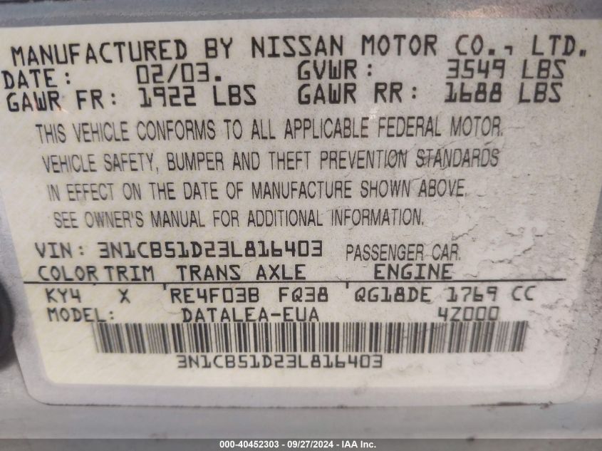 2003 Nissan Sentra Gxe VIN: 3N1CB51D23L816403 Lot: 40452303