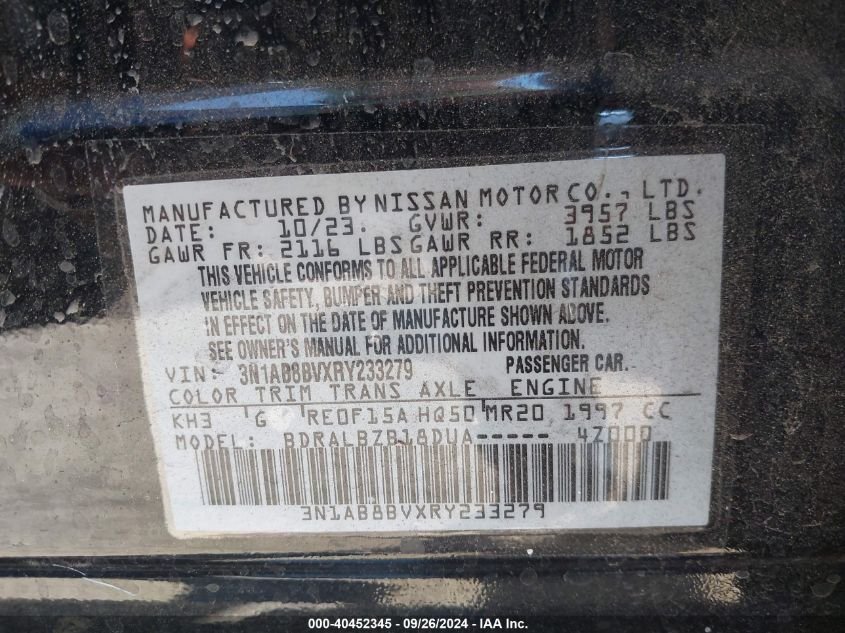 2024 Nissan Sentra S Xtronic Cvt VIN: 3N1AB8BVXRY233279 Lot: 40452345