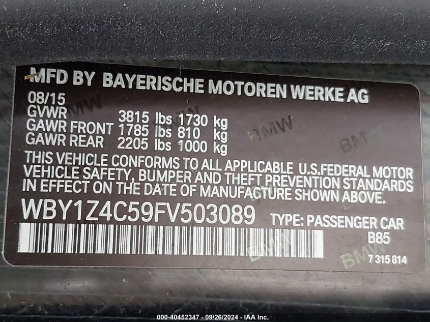 WBY1Z4C59FV503089 2015 BMW I3 Base W/Range Extender