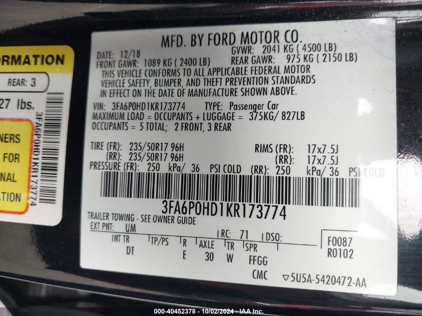 VIN 3FA6P0HD1KR173774 2019 Ford Fusion, SE no.9