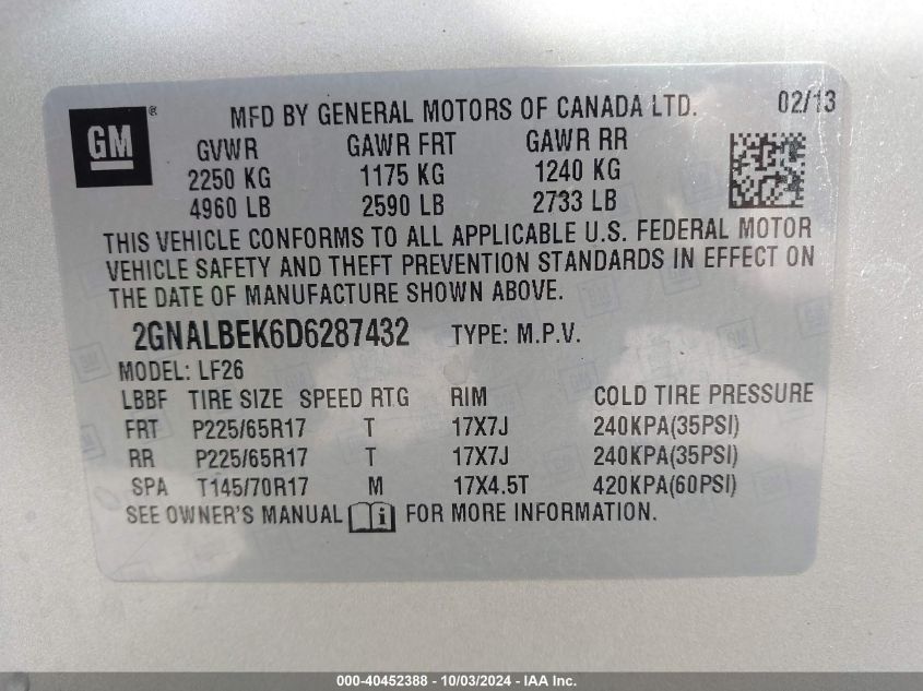 2GNALBEK6D6287432 2013 Chevrolet Equinox Ls