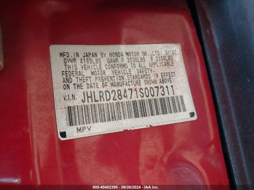 2001 Honda Cr-V Lx VIN: JHLRD28471S007311 Lot: 40452395