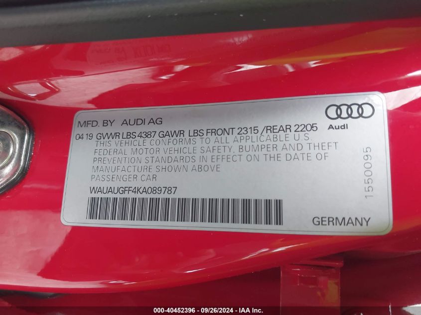 2019 Audi A3 40 Premium/40 Titanium Premium VIN: WAUAUGFF4KA089787 Lot: 40452396