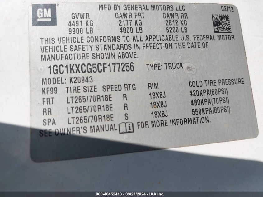 2012 Chevrolet Silverado K2500 Heavy Duty Lt VIN: 1GC1KXCG5CF177256 Lot: 40452413