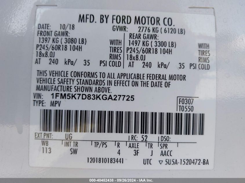 1FM5K7D83KGA27725 2019 Ford Explorer Xlt