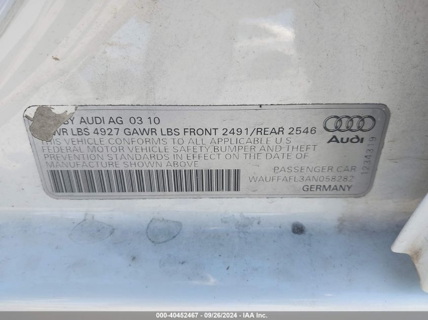 WAUFFAFL3AN058282 2010 Audi A4 2.0T Premium