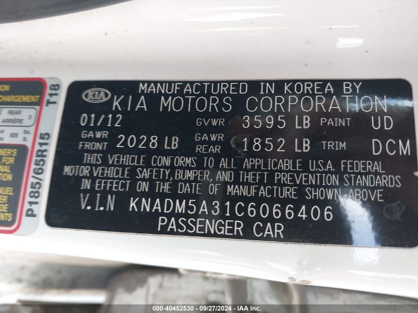 KNADM5A31C6066406 2012 Kia Rio5 Lx