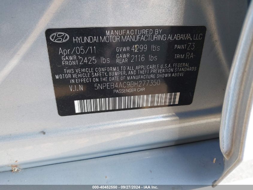 5NPEB4AC9BH277350 2011 Hyundai Sonata Gls