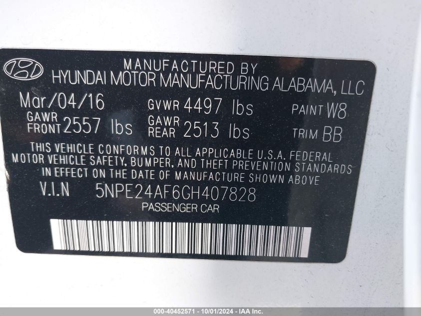 5NPE24AF6GH407828 2016 Hyundai Sonata Se