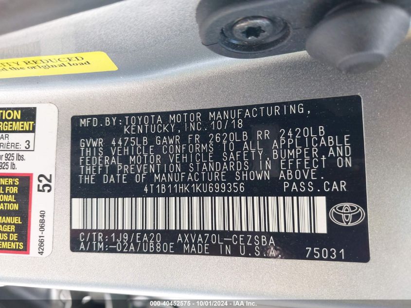 4T1B11HK1KU699356 2019 Toyota Camry Se