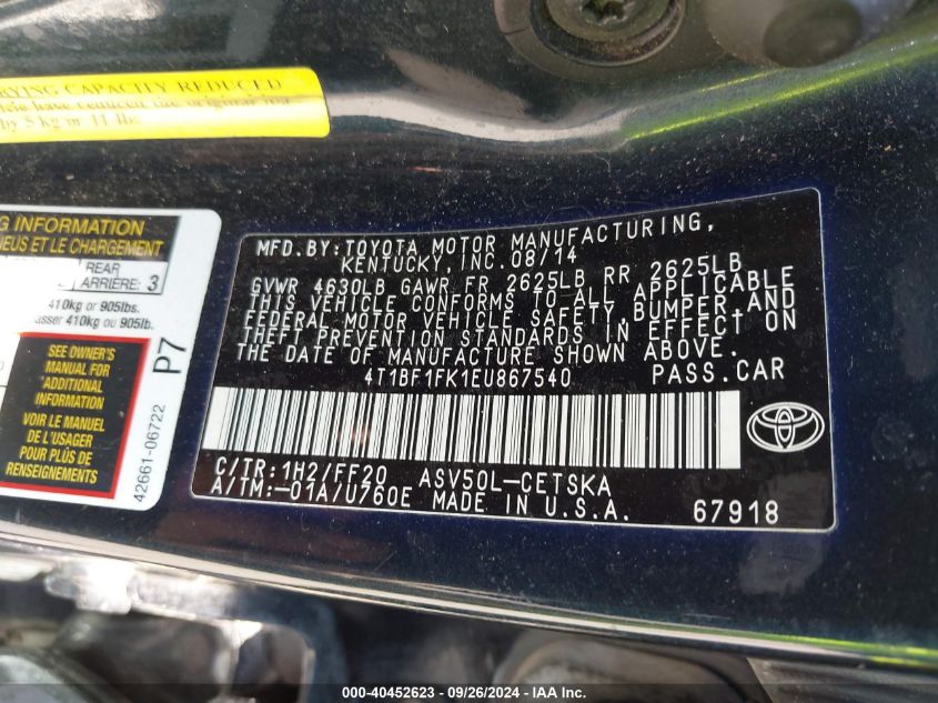 4T1BF1FK1EU867540 2014 Toyota Camry Se