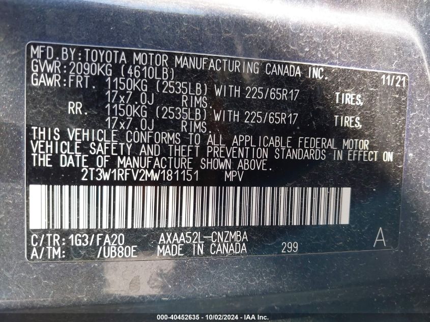 2021 Toyota Rav4 Xle VIN: 2T3W1RFV2MW181151 Lot: 40452635